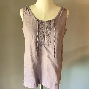 NWT EILEEN FISHER linen sleeveless top draw string neck beaded mauve color PS